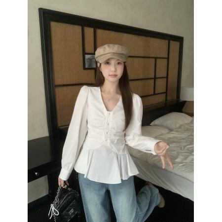 FA47284# 大码胖MM秋季新款法式复古格子V领长袖衬衣褶皱收腰显瘦上衣  服裝批發女裝批發服飾貨源