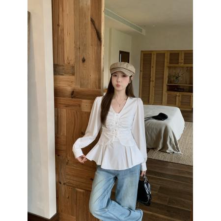 FA47284# 大码胖MM秋季新款法式复古格子V领长袖衬衣褶皱收腰显瘦上衣  服裝批發女裝批發服飾貨源