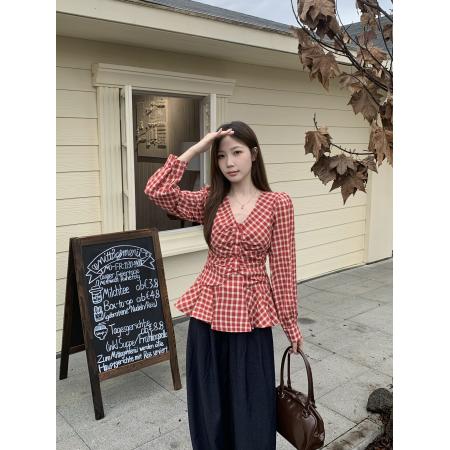 FA47284# 大码胖MM秋季新款法式复古格子V领长袖衬衣褶皱收腰显瘦上衣  服裝批發女裝批發服飾貨源