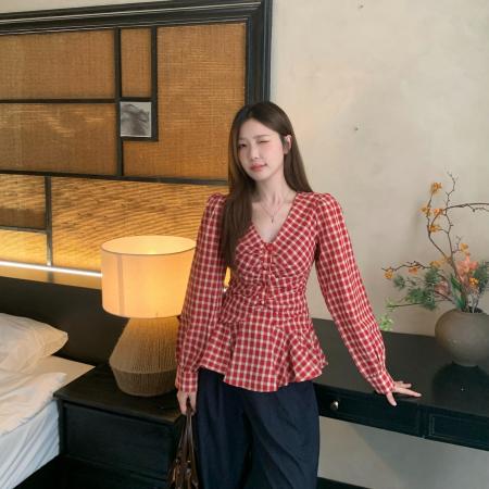 FA47284# 大码胖MM秋季新款法式复古格子V领长袖衬衣褶皱收腰显瘦上衣  服裝批發女裝批發服飾貨源
