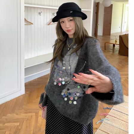 FA47285# 工厂蝴蝶提花手缝亮片慵懒风羊驼毛针织衫厚毛衣女冬  服裝批發女裝批發服飾貨源