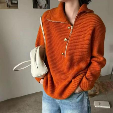 FA47286# 工厂慵懒风高领金属扣不对称衣襟半开拉链羊绒针织衫女秋冬纯色毛  服裝批發女裝批發服飾貨源