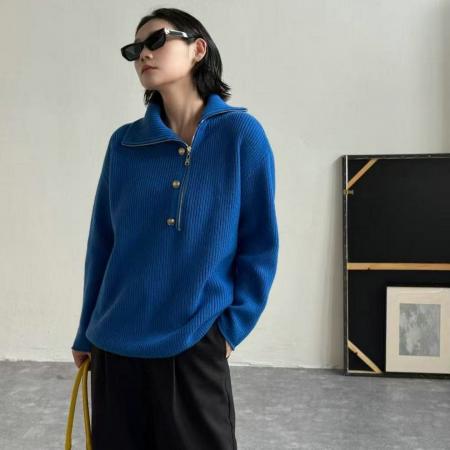 FA47286# 工厂慵懒风高领金属扣不对称衣襟半开拉链羊绒针织衫女秋冬纯色毛  服裝批發女裝批發服飾貨源