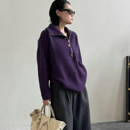 FA47286# 工厂慵懒风高领金属扣不对称衣襟半开拉链羊绒针织衫女秋冬纯色毛  服裝批發女裝批發服飾貨源