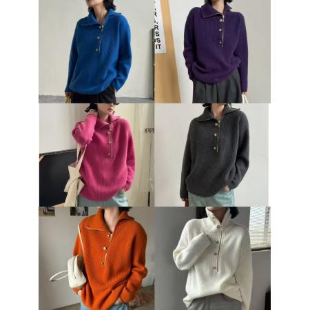 FA47286# 工厂慵懒风高领金属扣不对称衣襟半开拉链羊绒针织衫女秋冬纯色毛  服裝批發女裝批發服飾貨源