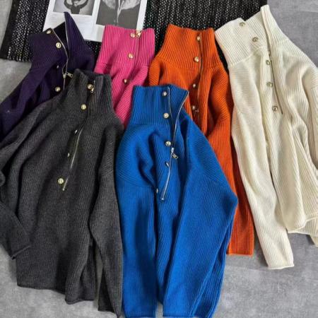 FA47286# 工厂慵懒风高领金属扣不对称衣襟半开拉链羊绒针织衫女秋冬纯色毛  服裝批發女裝批發服飾貨源