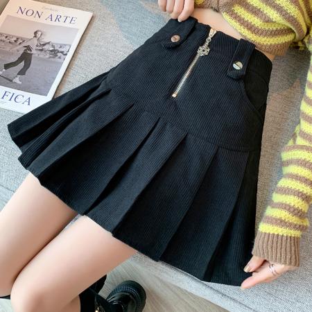 FA47288# 灯芯绒百褶半身裙女秋冬设计拉链高腰a字短裙复古遮胯显瘦包臀裙  服裝批發女裝批發服飾貨源