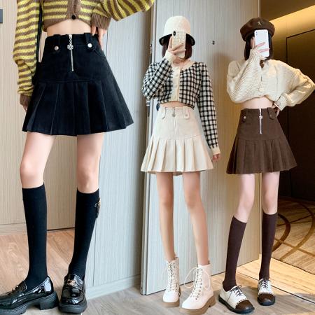 FA47288# 灯芯绒百褶半身裙女秋冬设计拉链高腰a字短裙复古遮胯显瘦包臀裙  服裝批發女裝批發服飾貨源