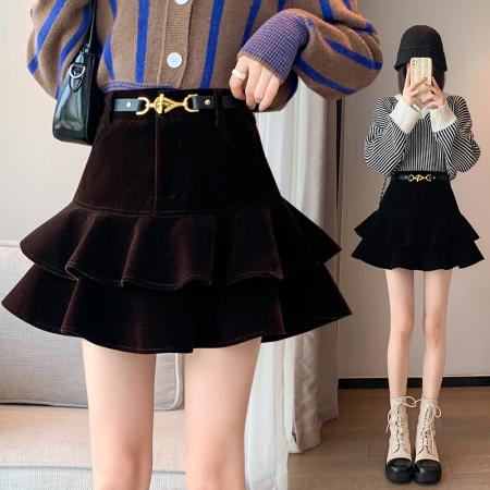 FA47289# 秋季新款韩版高腰复古荷叶边金丝绒蓬蓬金扣蛋糕裙女短裙半身裙子  服裝批發女裝批發服飾貨源