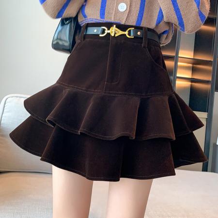 FA47289# 秋季新款韩版高腰复古荷叶边金丝绒蓬蓬金扣蛋糕裙女短裙半身裙子  服裝批發女裝批發服飾貨源