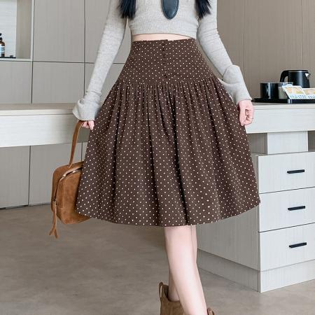 FA47290# 咖色波点灯绒芯半身裙女冬季新款高腰遮胯中长款伞裙  服裝批發女裝批發服飾貨源