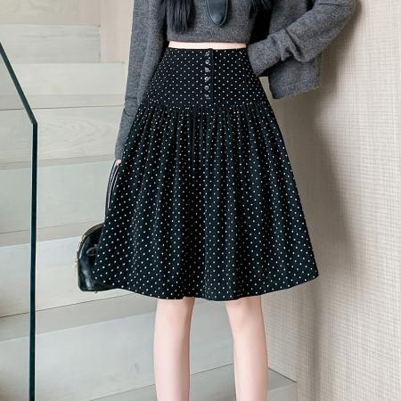 FA47290# 咖色波点灯绒芯半身裙女冬季新款高腰遮胯中长款伞裙  服裝批發女裝批發服飾貨源