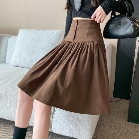 FA47293# 韩系复古学院风纽扣设计拼接高腰显瘦春秋百搭中裙A字裙半身裙  服裝批發女裝批發服飾貨源