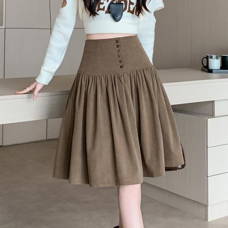 FA47293# 韩系复古学院风纽扣设计拼接高腰显瘦春秋百搭中裙A字裙半身裙  服裝批發女裝批發服飾貨源