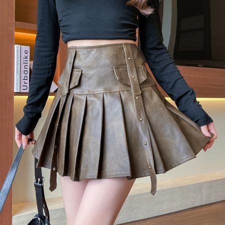 FA47295# 高级感扎染半身裙女秋冬季美拉德咖色百褶裙辣妹pu皮a字蓬蓬短裙  服裝批發女裝批發服飾貨源