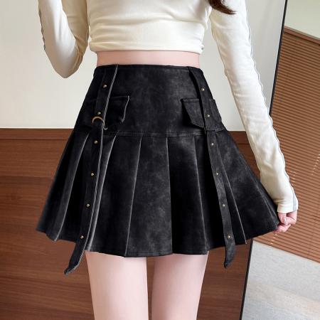 FA47295# 高级感扎染半身裙女秋冬季美拉德咖色百褶裙辣妹pu皮a字蓬蓬短裙  服裝批發女裝批發服飾貨源