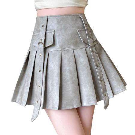 FA47295# 高级感扎染半身裙女秋冬季美拉德咖色百褶裙辣妹pu皮a字蓬蓬短裙  服裝批發女裝批發服飾貨源