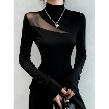 FA47296# 秋冬v领修身显瘦半高领磨毛丝绒打底衫女内搭设计感小众长袖上衣  服裝批發女裝批發服飾貨源