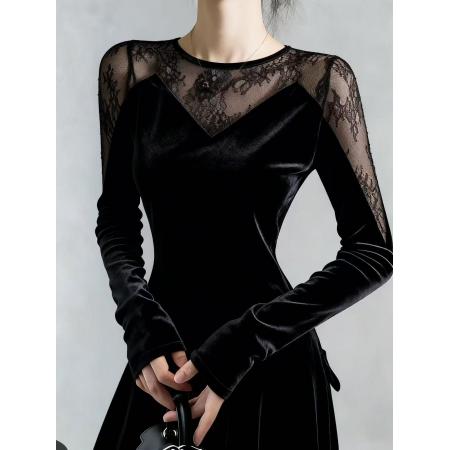 FA47297# 洋气设计感蕾丝上衣拼接黑色丝绒性感T恤秋季新款法式别致小衫女  服裝批發女裝批發服飾貨源