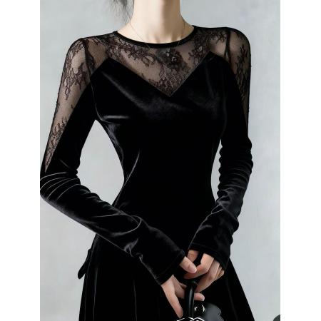 FA47297# 洋气设计感蕾丝上衣拼接黑色丝绒性感T恤秋季新款法式别致小衫女  服裝批發女裝批發服飾貨源
