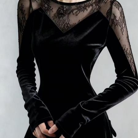 FA47297# 洋气设计感蕾丝上衣拼接黑色丝绒性感T恤秋季新款法式别致小衫女  服裝批發女裝批發服飾貨源