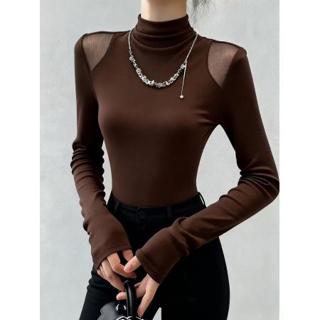 FA47298# 高领咖色打底衫女秋冬季新网纱拼接长袖T恤内搭短款修身显瘦上衣  服裝批發女裝批發服飾貨源