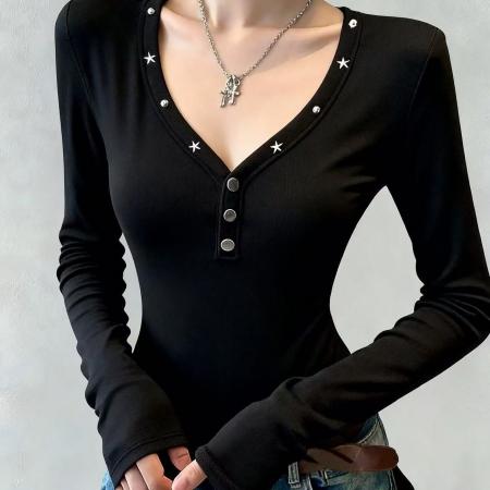 FA47299# 辣妹修身气质长袖T恤女秋冬季新款时尚百搭V领短款打底衫女  服裝批發女裝批發服飾貨源