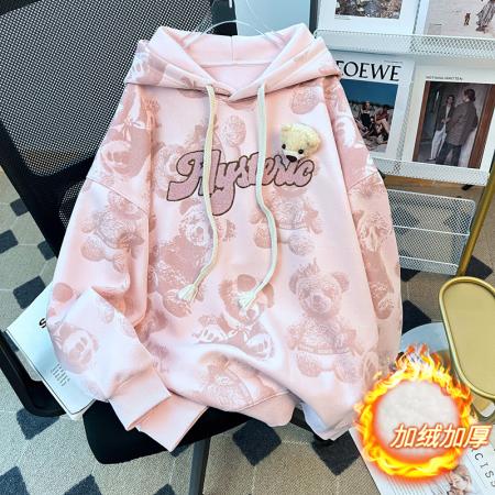 FA47302# 冬装纯棉华棉复合银狐绒韩版连帽满印刺绣卫衣女  服裝批發女裝批發服飾貨源