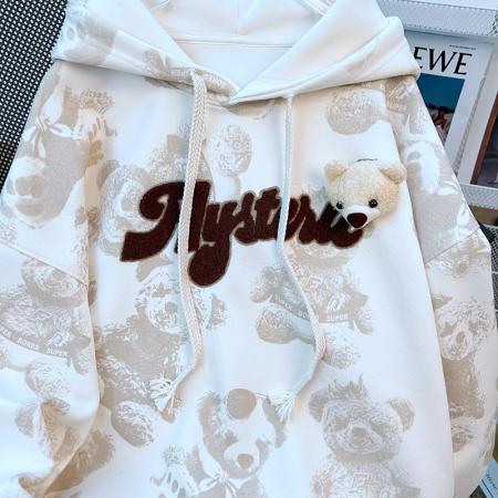 FA47302# 冬装纯棉华棉复合银狐绒韩版连帽满印刺绣卫衣女  服裝批發女裝批發服飾貨源