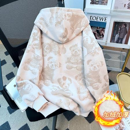 FA47302# 冬装纯棉华棉复合银狐绒韩版连帽满印刺绣卫衣女  服裝批發女裝批發服飾貨源