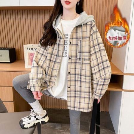 FA47307# 冬装复超柔抖音质量连帽格子男女同款衬衫中长款外套女  服裝批發女裝批發服飾貨源