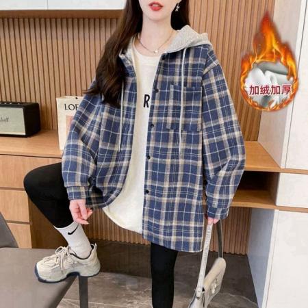 FA47307# 冬装复超柔抖音质量连帽格子男女同款衬衫中长款外套女  服裝批發女裝批發服飾貨源