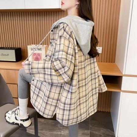 FA47307# 冬装复超柔抖音质量连帽格子男女同款衬衫中长款外套女  服裝批發女裝批發服飾貨源