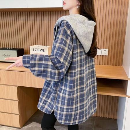 FA47307# 冬装复超柔抖音质量连帽格子男女同款衬衫中长款外套女  服裝批發女裝批發服飾貨源