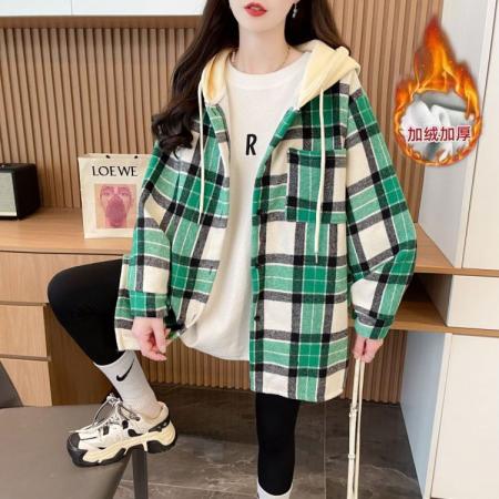 FA47308# 冬装复合超柔加绒抖音质量中长款外套连帽格子衬衫女  服裝批發女裝批發服飾貨源