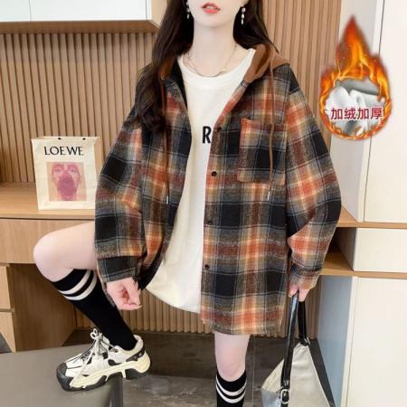FA47308# 冬装复合超柔加绒抖音质量中长款外套连帽格子衬衫女  服裝批發女裝批發服飾貨源