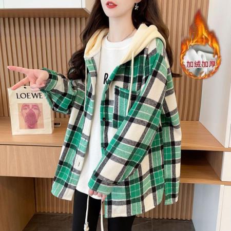 FA47308# 冬装复合超柔加绒抖音质量中长款外套连帽格子衬衫女  服裝批發女裝批發服飾貨源