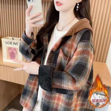 FA47308# 冬装复合超柔加绒抖音质量中长款外套连帽格子衬衫女  服裝批發女裝批發服飾貨源