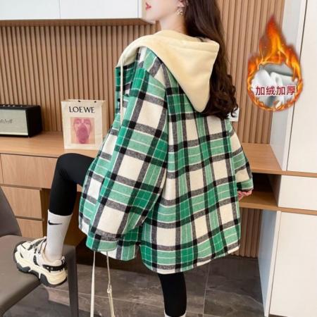 FA47308# 冬装复合超柔加绒抖音质量中长款外套连帽格子衬衫女  服裝批發女裝批發服飾貨源