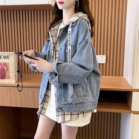 FA47309# 秋冬新款慵懒风设计感假两件连帽牛仔外套女  服裝批發女裝批發服飾貨源