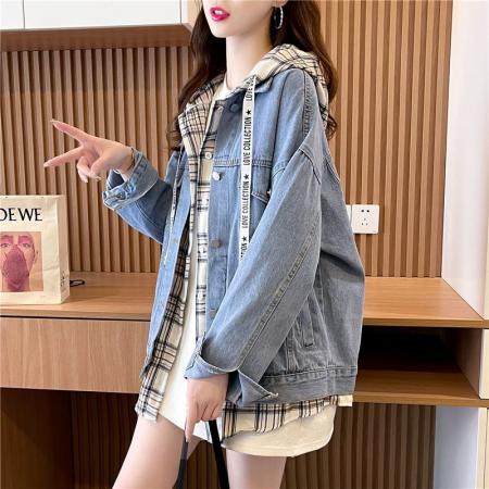 FA47309# 秋冬新款慵懒风设计感假两件连帽牛仔外套女  服裝批發女裝批發服飾貨源