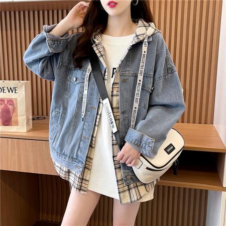 FA47309# 秋冬新款慵懒风设计感假两件连帽牛仔外套女  服裝批發女裝批發服飾貨源