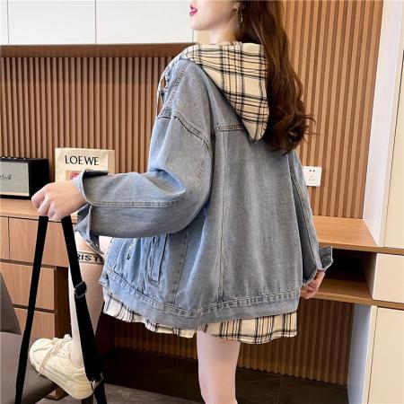 FA47309# 秋冬新款慵懒风设计感假两件连帽牛仔外套女  服裝批發女裝批發服飾貨源