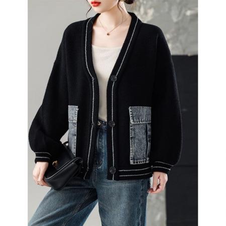 FA47310# 抖音质量牛仔拼接短款外套女秋冬新款韩系小香风上衣  服裝批發女裝批發服飾貨源