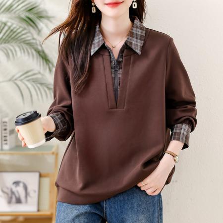 FA47313# 大码女装气质翻领假两件卫衣秋装新时尚拼接宽松显瘦长袖上衣  服裝批發女裝批發服飾貨源