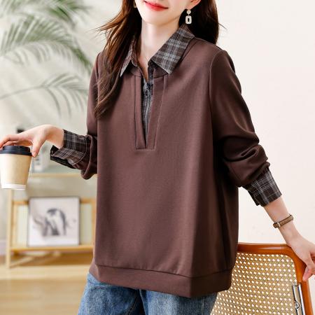 FA47313# 大码女装气质翻领假两件卫衣秋装新时尚拼接宽松显瘦长袖上衣  服裝批發女裝批發服飾貨源