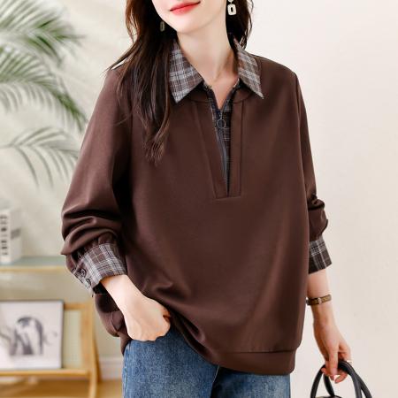 FA47313# 大码女装气质翻领假两件卫衣秋装新时尚拼接宽松显瘦长袖上衣  服裝批發女裝批發服飾貨源