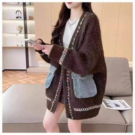 FA47314# 抖音质量撞色秋冬新款大码女装韩版宽松慵懒风拼接  服裝批發女裝批發服飾貨源