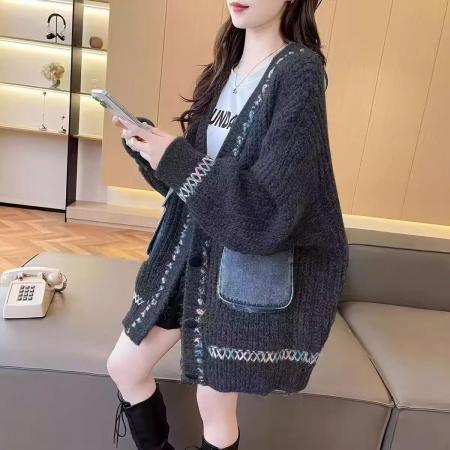 FA47314# 抖音质量撞色秋冬新款大码女装韩版宽松慵懒风拼接  服裝批發女裝批發服飾貨源