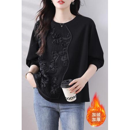 FA47315# 时尚盘绣拼接加绒黑色卫衣冬季大码上衣新款新中式女装潮  服裝批發女裝批發服飾貨源
